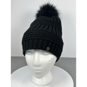 Women Winter Warm Knitted Beanie Hat Cap Felt Inner Forehead Band Pom Pom Black